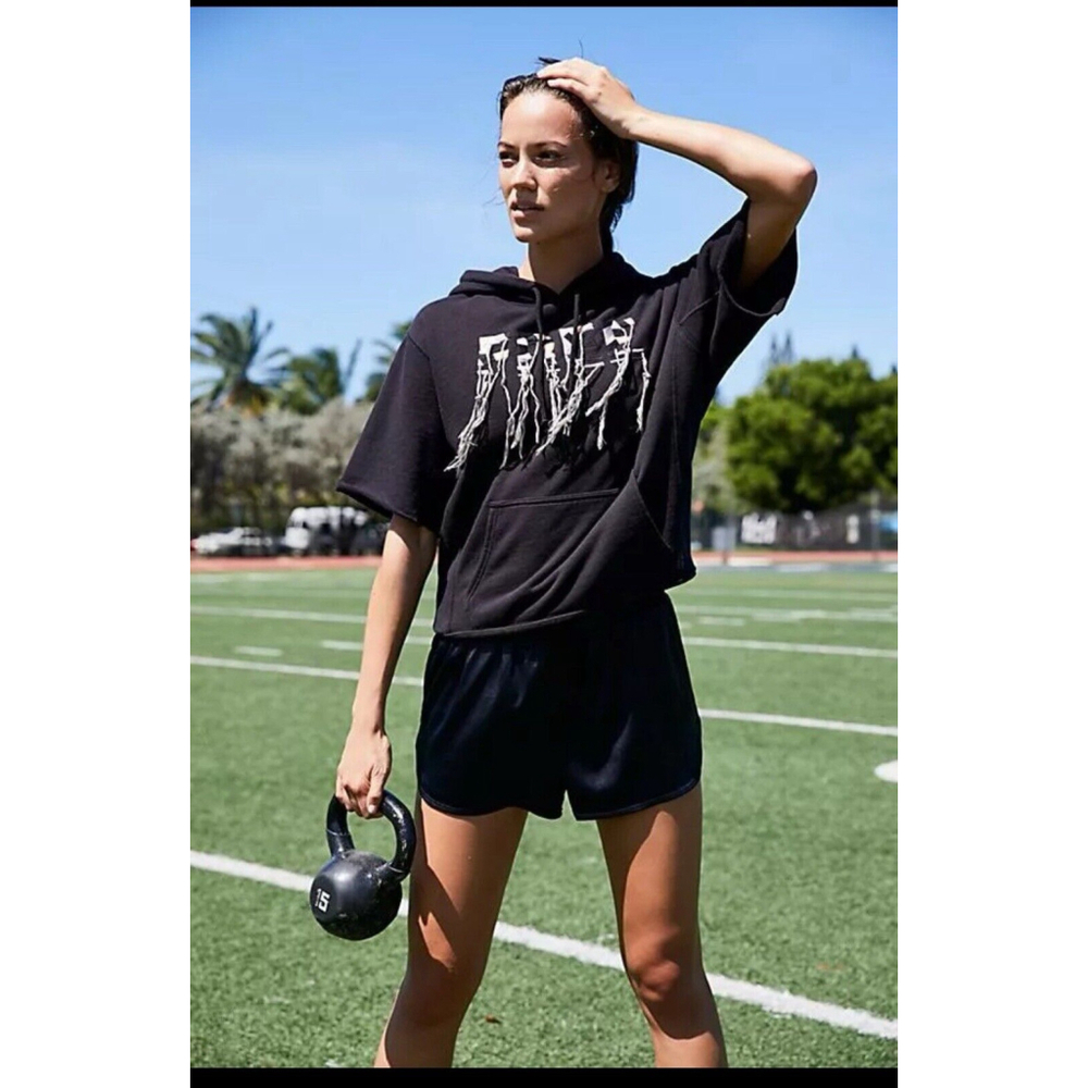 Free People Movement Freestyle black Embroidered Short Sleeve Hoodie Size XS